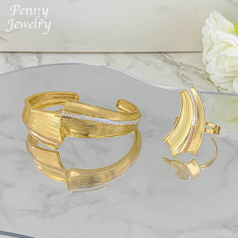 

Geometric Textured Big Choker 18K Gold Plated Jewelry Set for Women Necklace Earrings Bracelet Ring Bridal Wedding Party Gifts