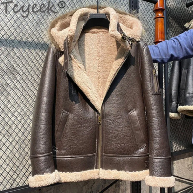 

Tcyeek Real Leather Motocycle Jacket Men Winter Clothes Hood Natural Fur Coat Man Raccoon Fur Collar Short Sheepskin Wool Coats