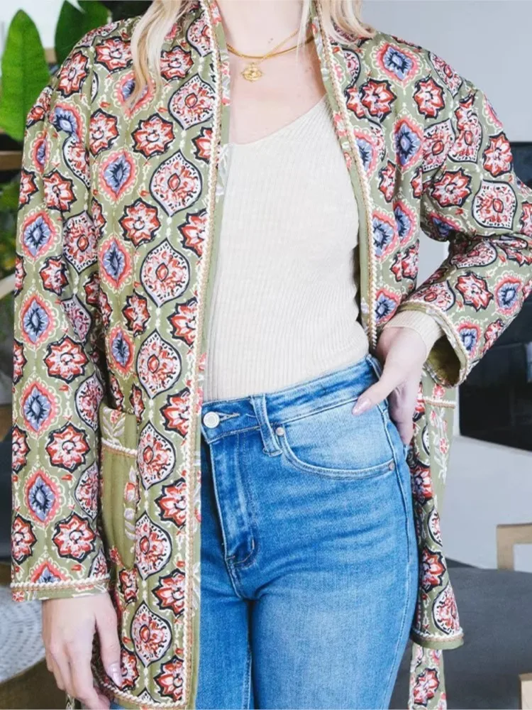 

Green Flower Print V Neck Quilted Jacket Women 2025 New Autmn Winter Fashion Elegant Pocket Lace-Up Long Sleeve Coat Outerwear