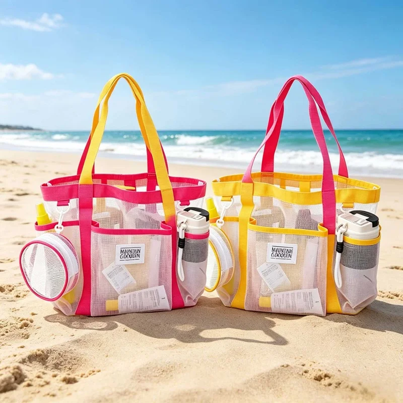 Colorful Contrast Mesh Beach Tote Bag, Ins Style Summer Shoulder Bag, Cute Multi-pocket Mesh Tote