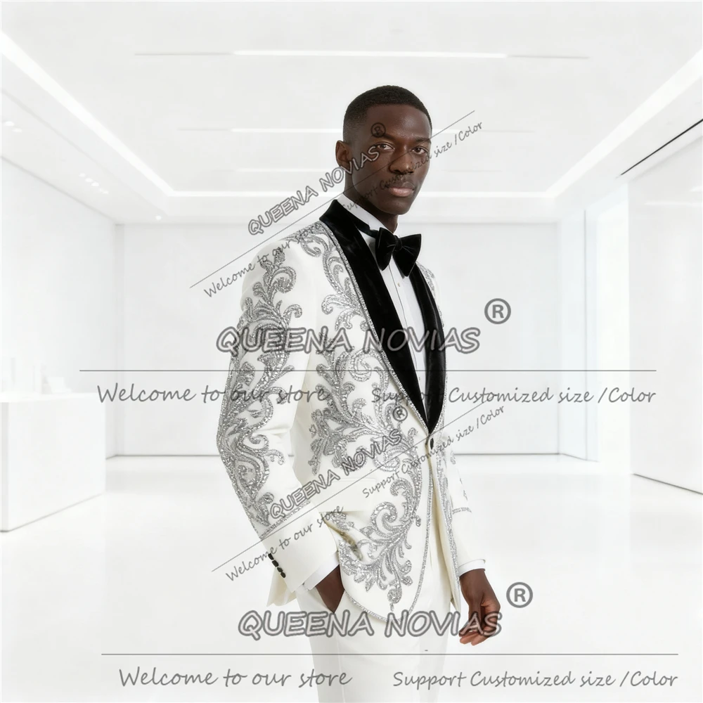 

Роскошные мужские костюмы с камнями из бисера на свадьбу, черные пиджаки с шалью и лацканами для выпускного вечера, индивидуальные комплекты из 2 предметов, мужские банкетные наряды, смокинги для жениха