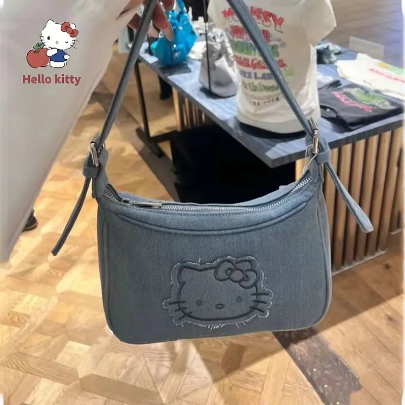 New Sanrio Peripheral Hello Kitty Denim Bag Kawaii Retro Embroidered Totem Y2K Large Capacity Underarm Bag Casual Handbag Gifts