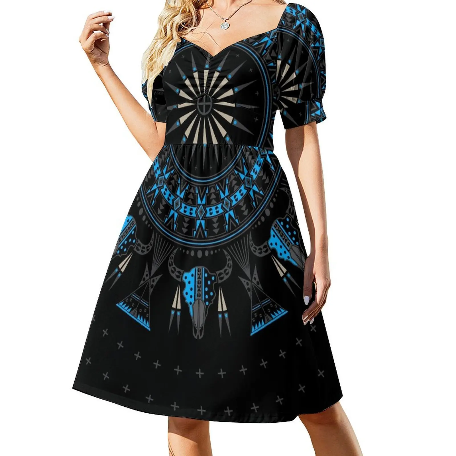 

Buffalo Skull and Feathers (Blue) Short-Sleeved Dress Dresses women's clothing korea stylish elegant dresses plus sizes