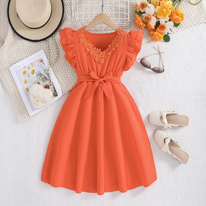 

2024 Summer New Arrival Girls Sleeveless Ruffles Flowers Orange Designer Cute Party Princess Dress Custume 8-12T