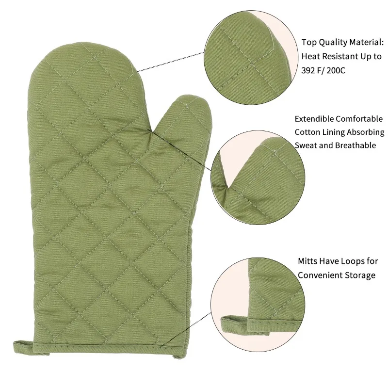 Juego combinado de guantes para horno y soportes para ollas de cocina, tela de algodón acolchada y cosida, acolchado resistente al calor de múltiples capas, asas integradas para colgar, kit de protección resistente al calor para cocineros domésticos, guantes de cocina, guantes para horno.