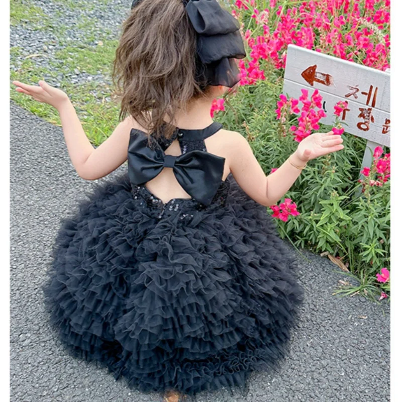 Baby Luxury 2024 Spanish Party Birthday Dresses For Occasions Girls 2 5 8 10 Years Young Girls Black Off Shoulder Backless Dress