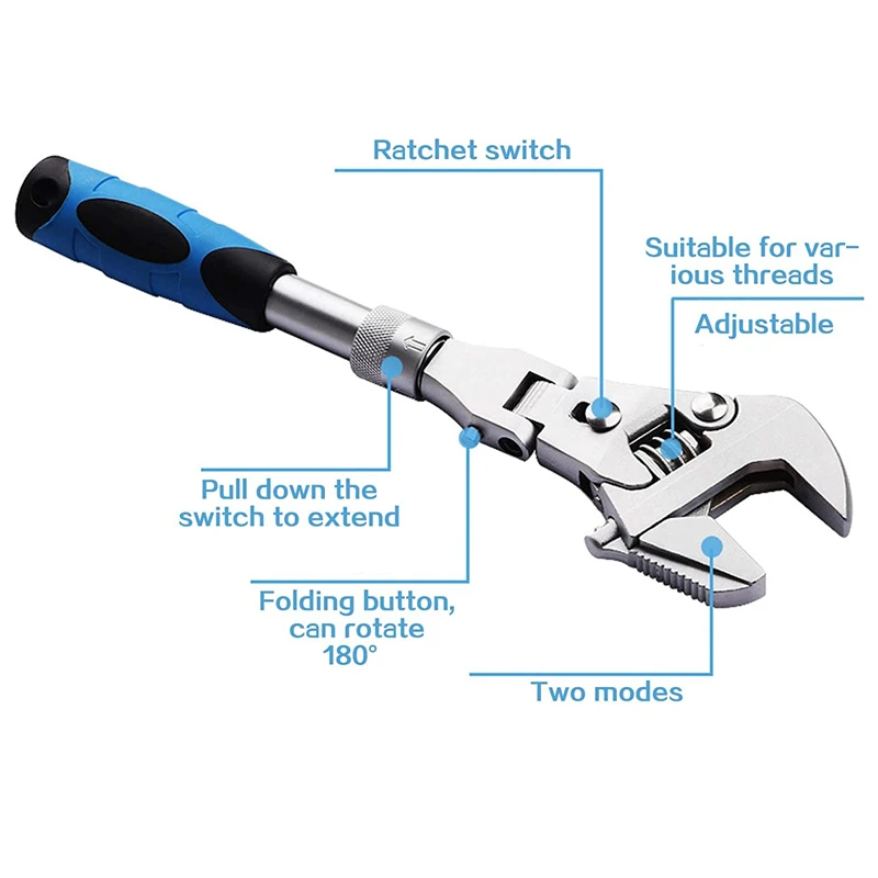 10Inch Adjustable Wrench 5 in 1 Multifunctional Foldable Torque Ratchet Telescopic Bathroom Air Conditioning Maintenance Spanner