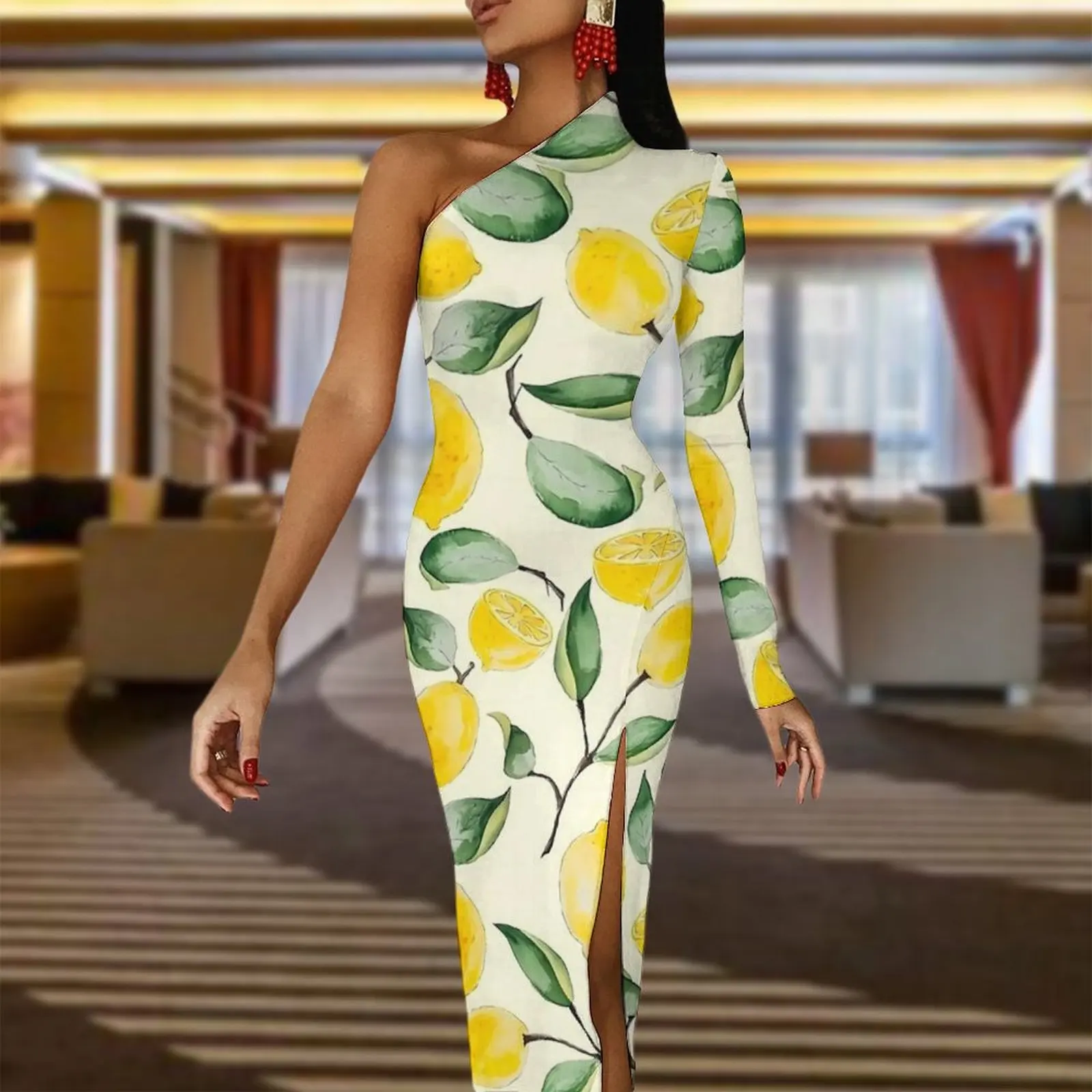 Fruit Print Bodycon Dress Summer Watercolor Lemon Sexy High Slit Long Dresses One Shoulder Pattern Party Dress