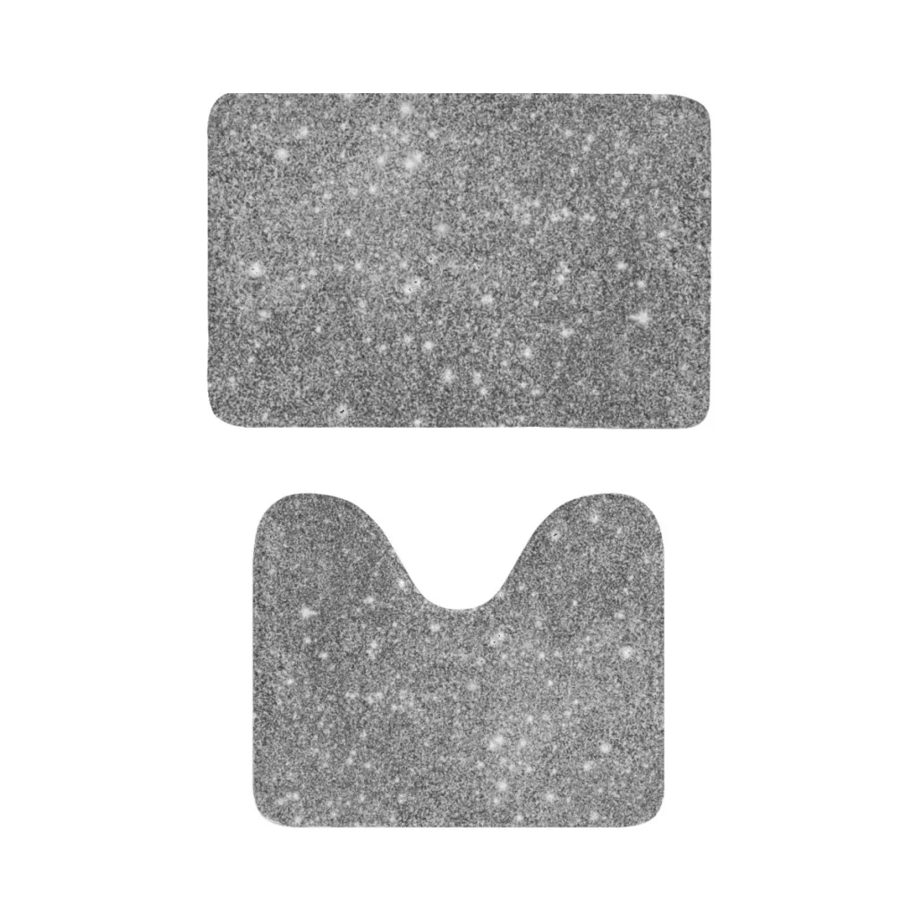 Silver Glitter Sparkles Bathroom Rugs Set 2 Piece U-Shaped Toilet Rug Soft Non-Slip Thick Bath Mat and Contour Toilet Rug