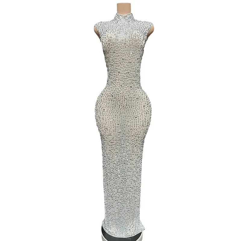 Glam Full Drill Elastic Slim Fit Sleeveless Long Dress - Hip Wrap, For Host Stage Catwalk & Engagement Evening High-Slit Dresses