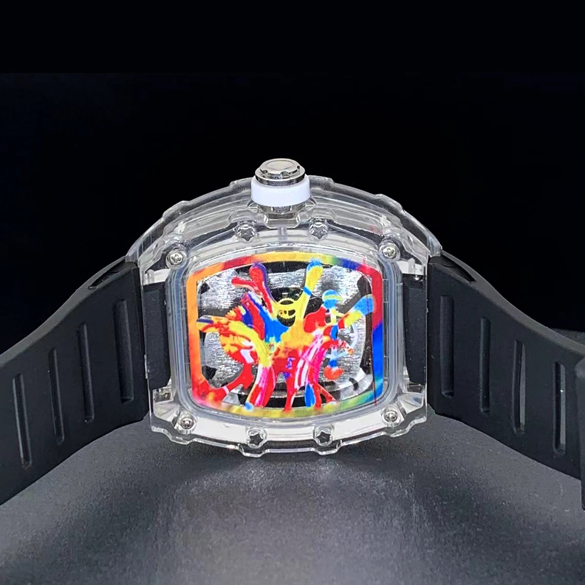 Men Tonneau Fashion Transparent Graffiti Art Dial Punk Hiphop Unique Watch Japanese Movement Luminous Silicone Wristwatches