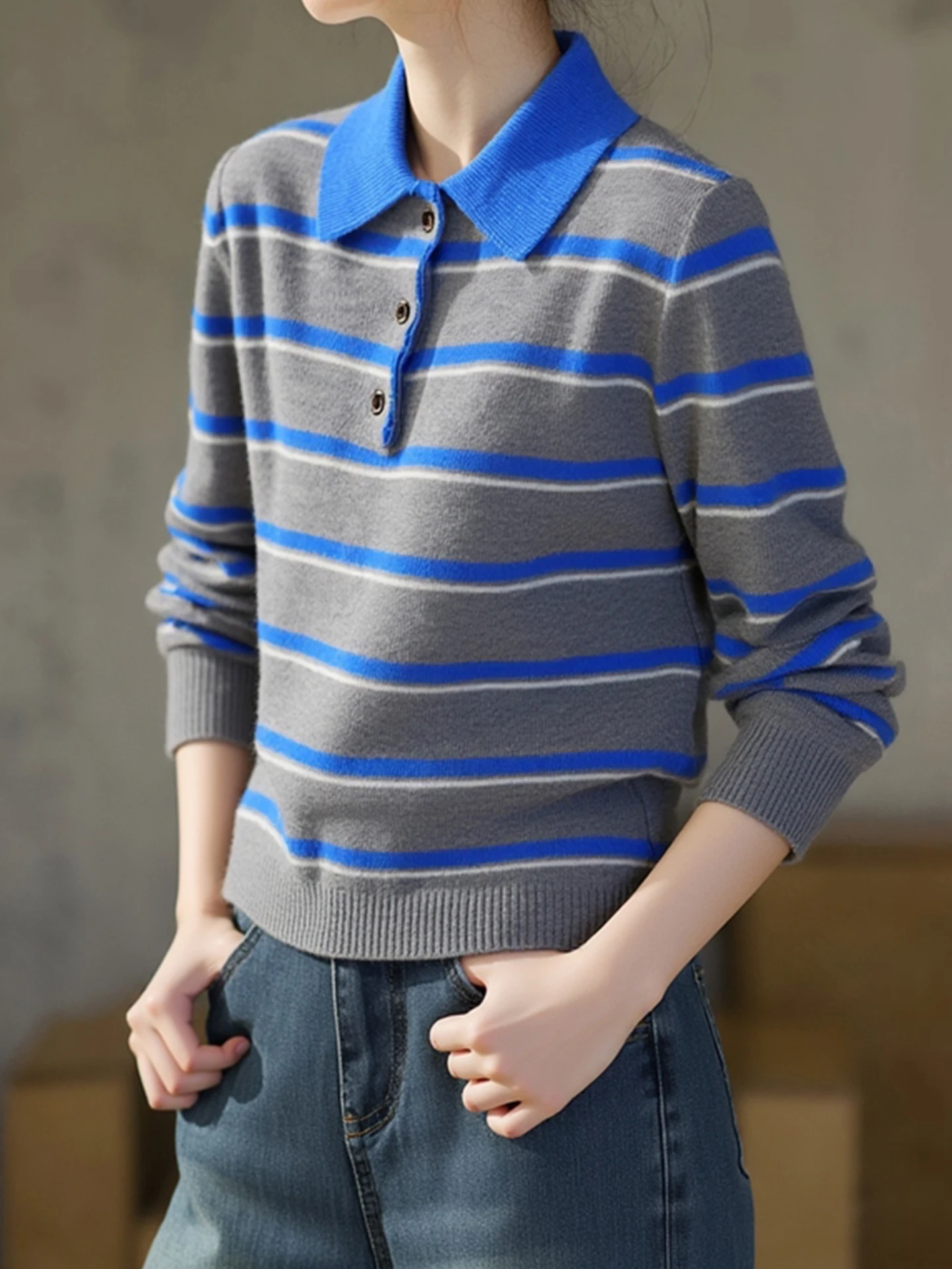 겨울 니트웨어 스웨터 브이넥 긴 소매 스트라이프 버튼업 슬림 빈티지 스타일 대학 패션 탑 젊은 여성용