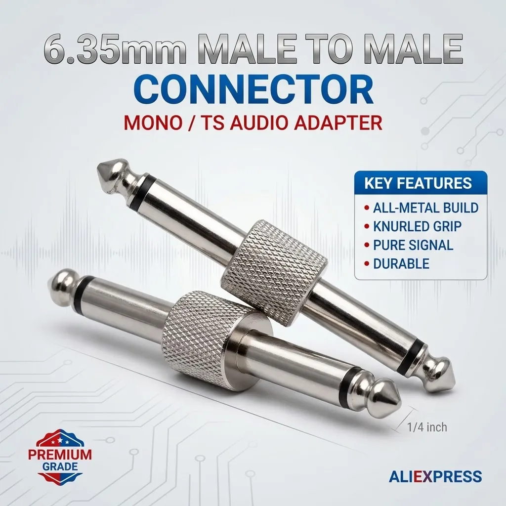 Metal Solder 6.35mm Male To Male Jack Plug Adapter Coupler for Guitar Effect Pedal