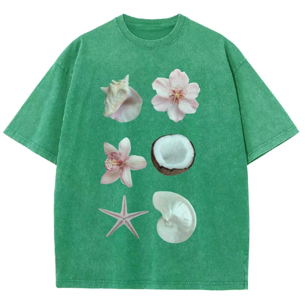 Koszulka graficzna Y2k z nadrukiem muszelek i kwiatów, w stylu morskim, tropikalnym i naturalnym, z miękkiej tkaniny, idealna na plażę i na co dzień.