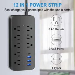 Power Strip US Plug AC Outlets Multitap Electrical Socket Extension Cord With USB C Ports Fast Charging Network Filter Adapter