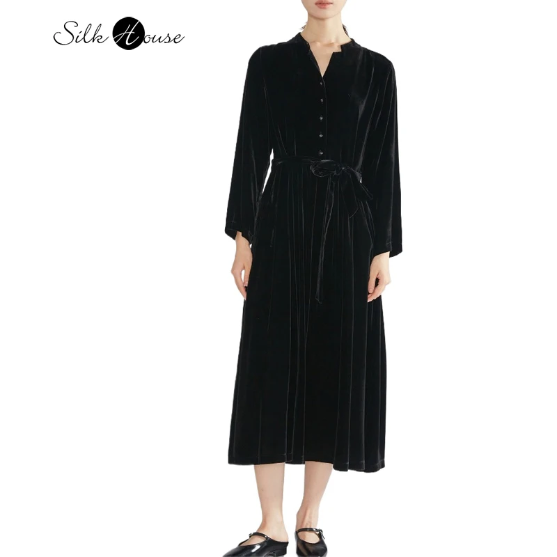 

2025 Women's Fashion Autumn New 16% Natural Mulberry Silk Velvet Shirt Style V-neck Long Sleeve Black Belt Dress