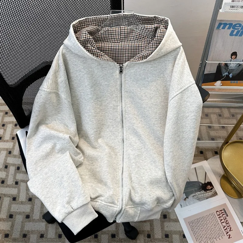 Korean Style Double-sided Checkered Hooded for Women Autumn Winter Oversized Loose Zip Up Hoodie Sweatshirtc Coat Y2k Clothes