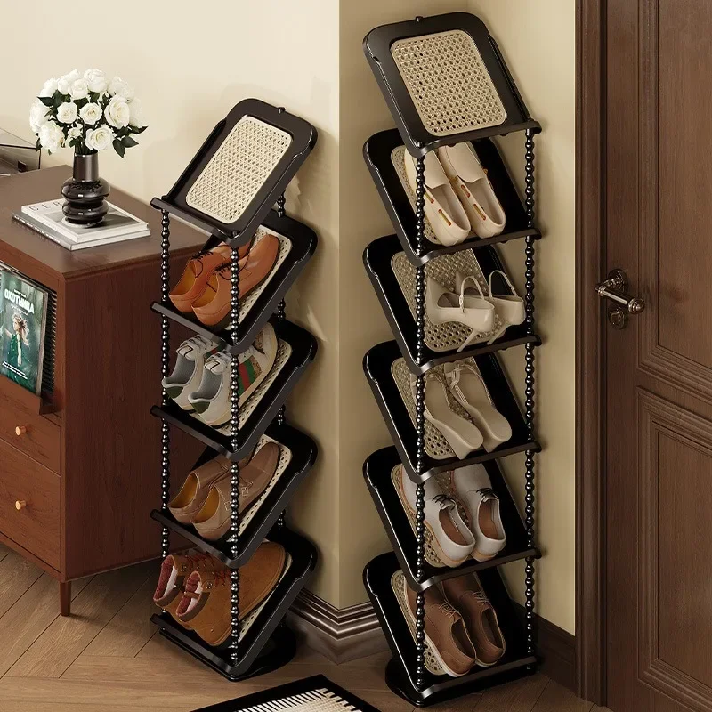 Floor-to-ceiling medieval rattan inclined shoe rack behind the door Multi-layer entrance Corner rack Space-saving