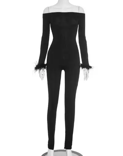 Women's Chic Fur Cuffed Autumn Jumpsuit - close-up view
