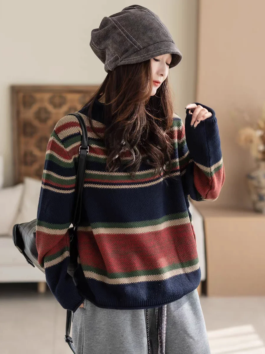 

Теплый полосатый свитер Thiened, женский винтажный свободный длинный вязаный топ из хлопчатобумажной пряжи с высоким воротником, осенне-зимняя одежда