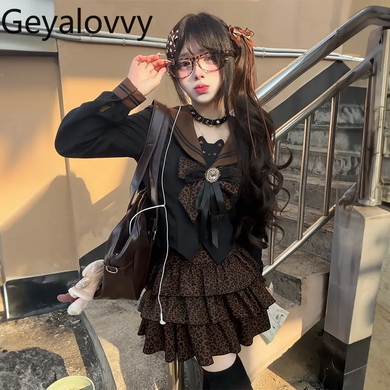 

Комплект в стиле Лолита: японский милый матросский костюм с леопардовым принтом, модный милый комплект для девочек с длинным рукавом и юбкой