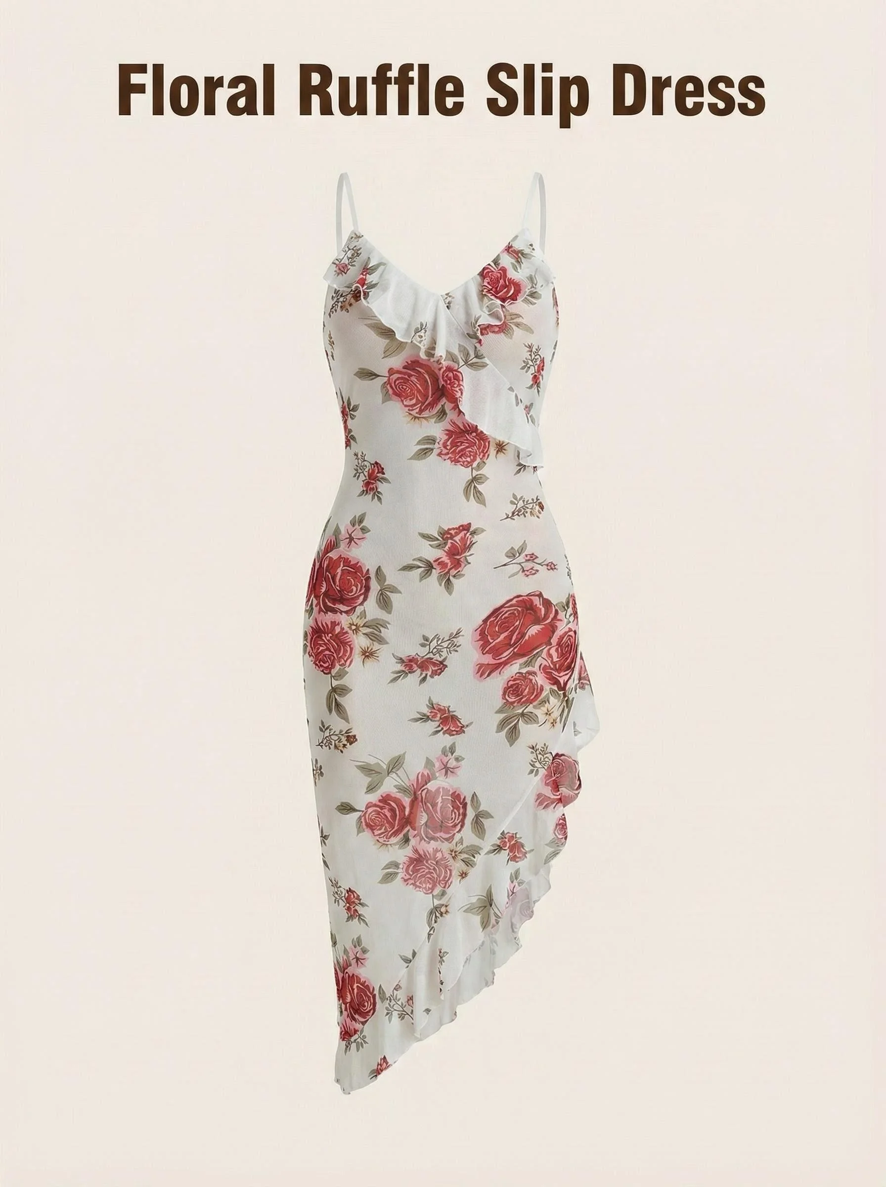 Dawnloom Women's Red Rose Printed Ruffled Halter Nightgown Irregular Skirt Hem Sexy Form-Fitting Homewear