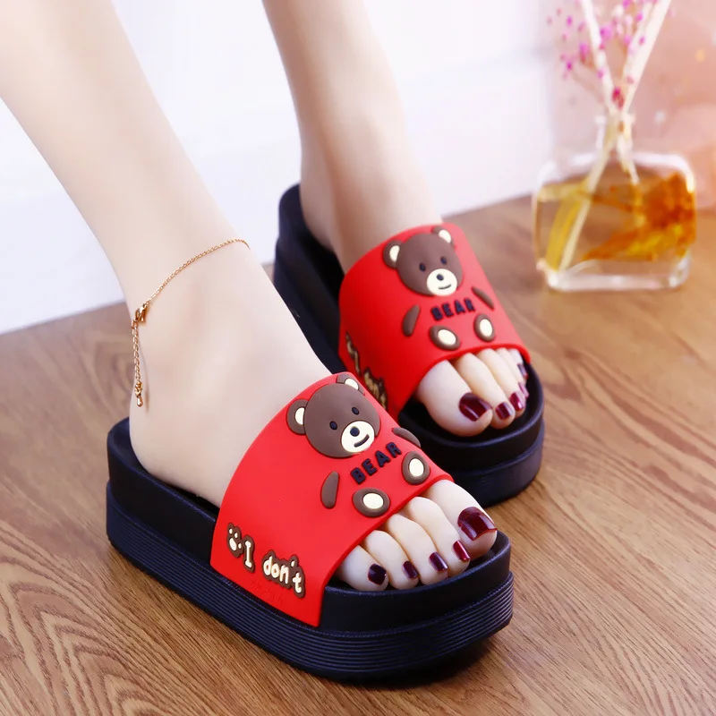 2022 New Summer High-heeled Thick Soled Slippers Women\'s Cute Cartoon Bear Heightening Sandals Shoes Woman Heels Summer Slipper