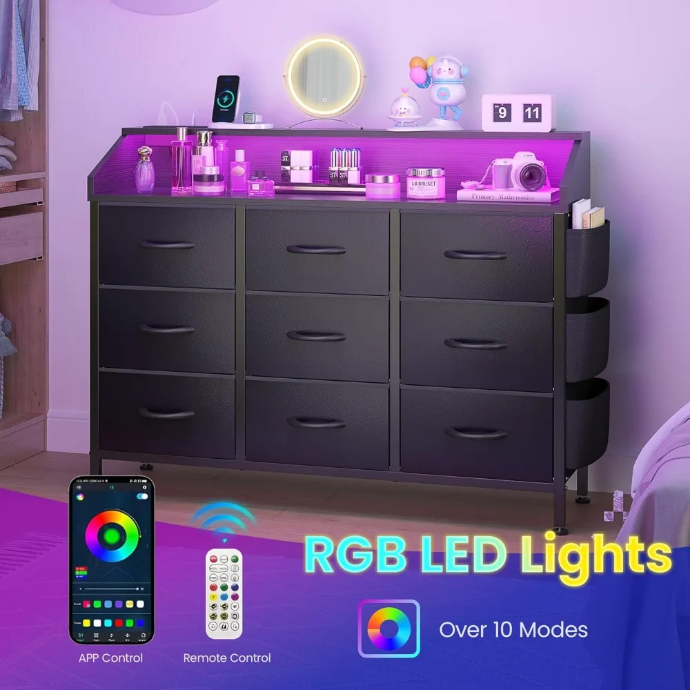 Cômoda de tecido pu preto com 9 gavetas para armazenamento de quarto, sala de estar e corredor