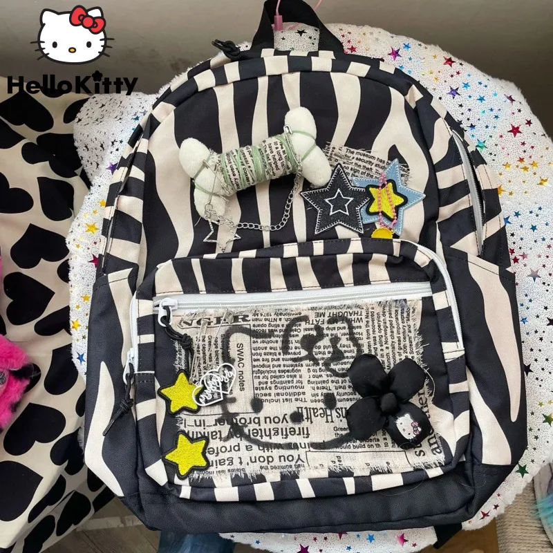 Sanrio Hello Kitty Millennium Spicy Y2k Girl Backpack Vintage Patch Zebra Shoulders Bag Korean Style New Fashion Student Bookbag