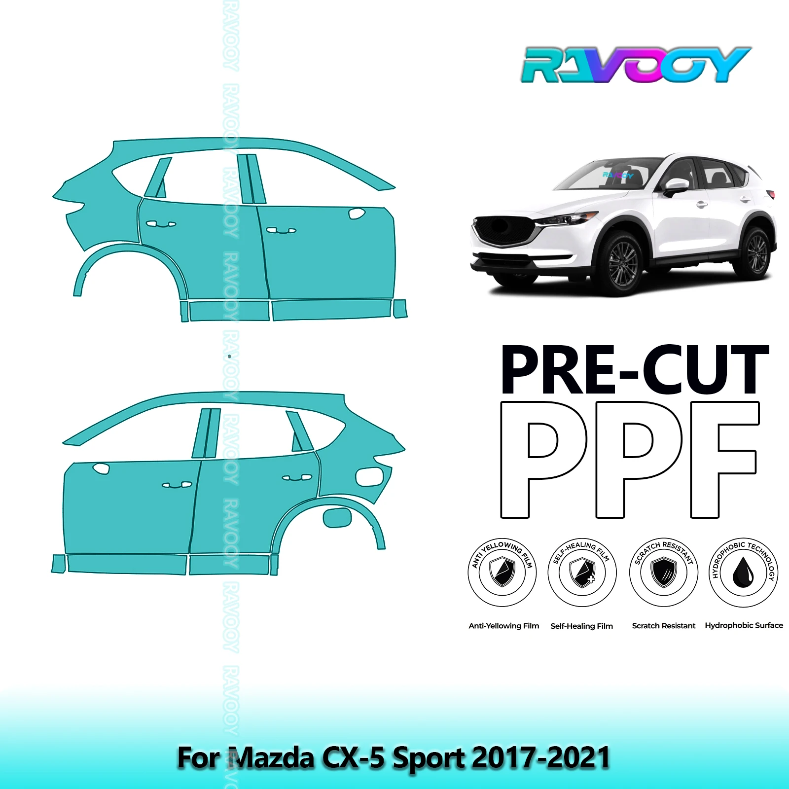

For Mazda CX-5 Sport 2017-2021 8.5mil Clear Matte Pre-Cut PPF Door & A/B Pillar Kit TPU Paint Protection Film Set