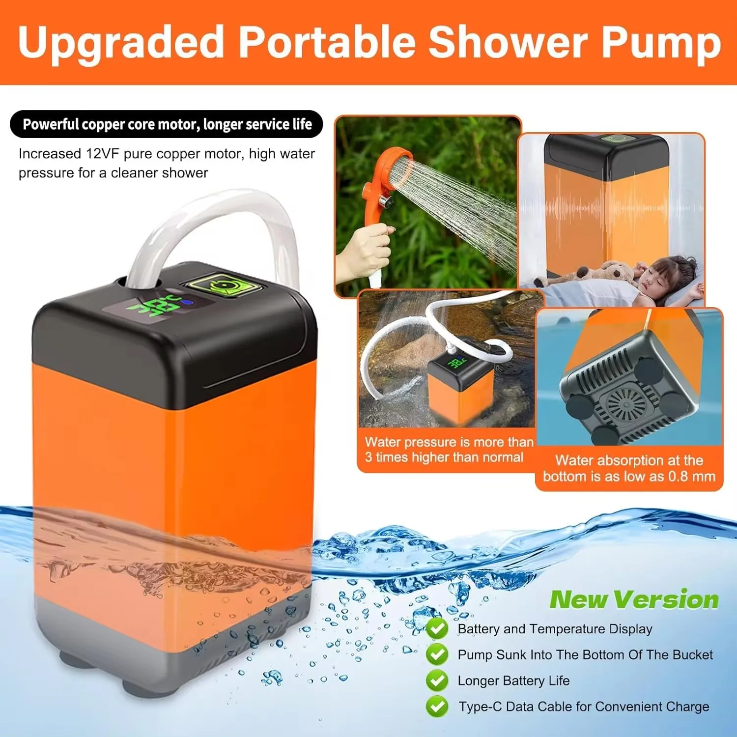 Portable Electric Shower Pump Outdoor Camping Shower IPX7 Waterproof with Digital Display for Hiking Travel Beach Pet Washing