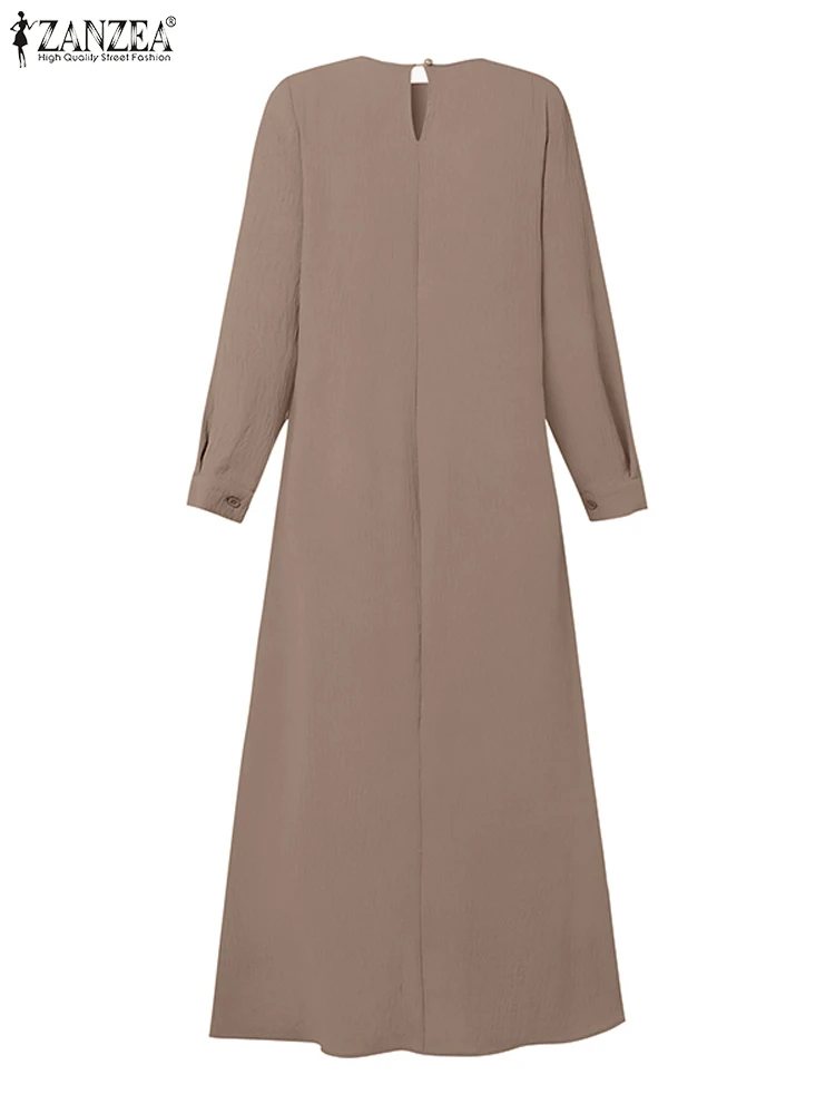 ZANZEA-Robe Longue à Manches sulfet Col Rond pour Femme Musulmane, Hijab Islamique Décontracté, Abaya, Patchwork, Éducatif, Collection Automne