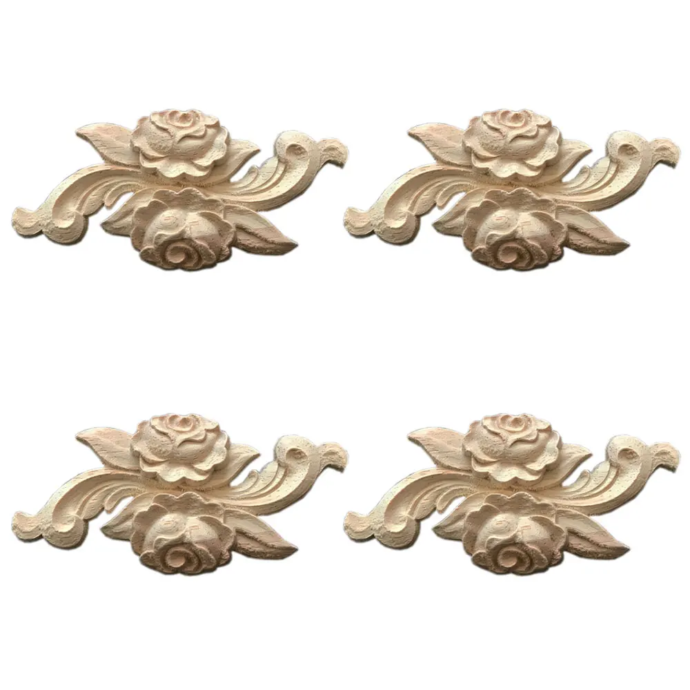 

4PCS Carved Wood Carved Corner Onlay Appliques Unpainted Frame Cabinet Decal Carved Wood Decal for Home Furniture Decor 12x6cm