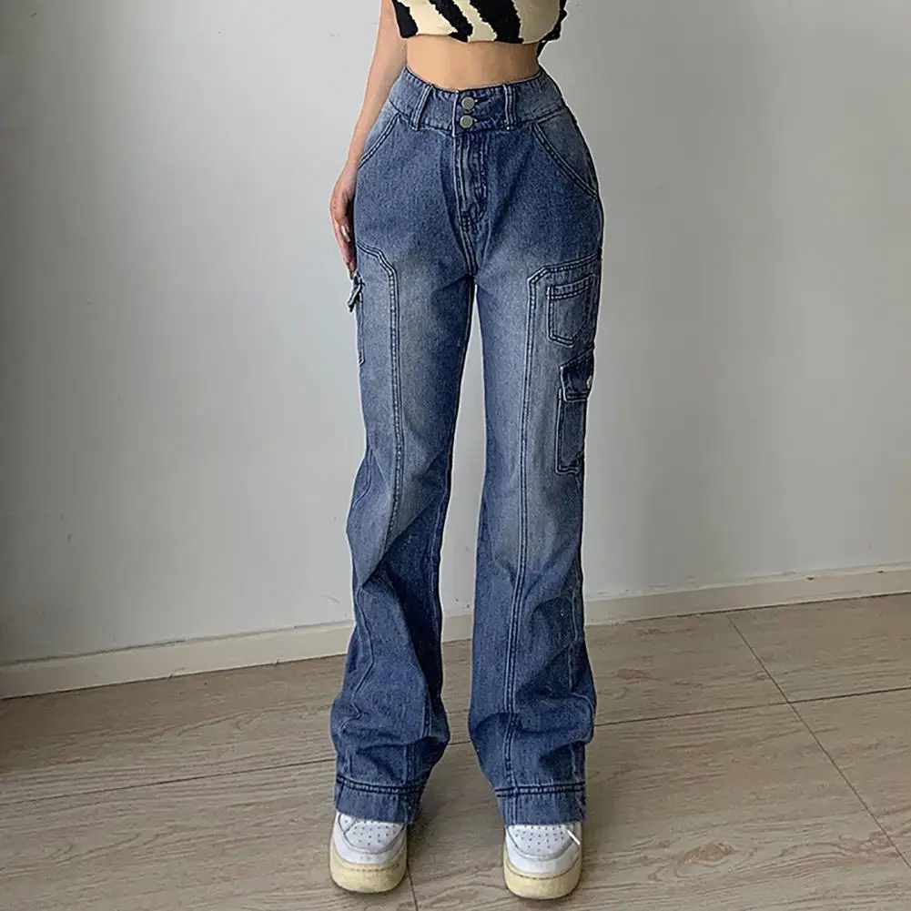 

Women Pants High Waist Multi Pocket Button Baggy Casual Jeans Straight Wide Leg Slim Long Denim Pants Cargo Jeans Streetwear