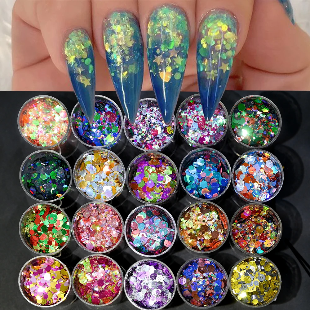 20 garrafas/conjunto holográfico misto hexágono forma chunky prego glitter lantejoulas flocos brilhantes fatias manicure corpo/olho/face glitter