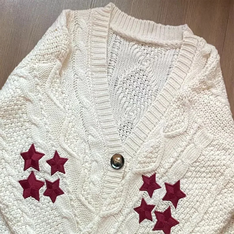 Red Star Embroidery Fashion Knitted Cardigan V-neck Long Sleeve Loose Sweaters 2024 New All-match Streetwear Y2k Top Knitwear