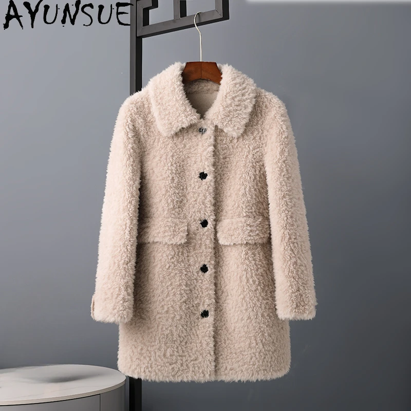 

AYUNSUE 100% Sheep Shearing Jacket Women Winter 2023 Mid-length Wool Coats Single-breasted Fur Coat Female Outwear Abrigo Mujer