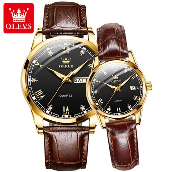 OLEVS-Relógio Quartzo Impermeável Masculino e Feminino, Pulseira de Couro, Luminoso, Semana, Calendário, Luxo, Marca, Moda, Amantes, Casal