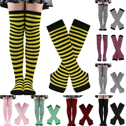 Female Over Knee Stripe Printed Tights Highs Long Stockings Cotton gothic Socks Gloves Harajuku Style Hosiery & Arm Sleeve set