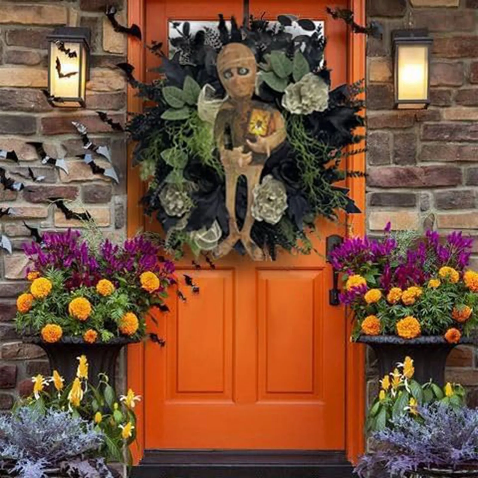 

Halloween Mummy Wreath Indoor Outdoor Horror Wall Hanging Front Door Welcome Sign Porch Decorations Hanging Party Props