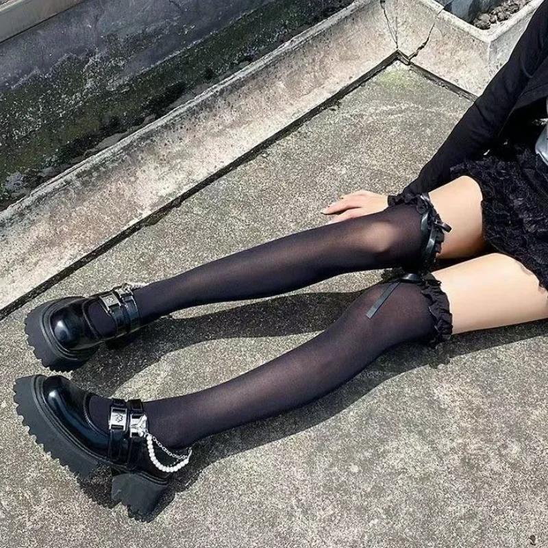 Elegant Princess Lolita Kids Velvet Calf Socks Long Tassel Ribbon Bowknot Delicate Lace Ruffle Trim Elastic Breathable Stockings