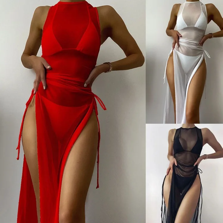 

Sexy Bikini Set with Cover Up Bathing Suit Solid Swimwear 2025 Women Three Piece Swimsuit Mesh Perspective Costumes Beachwear
