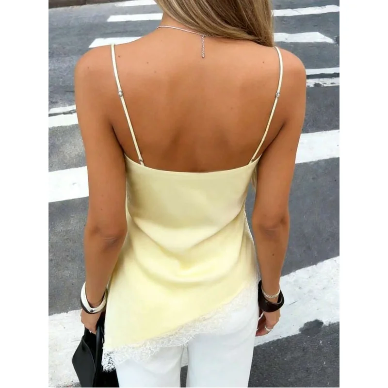 

Women's Soft Satin Asymmetric Lace Trim Hem Fitted Camisole Top, Semi-Sheer Eyelash Lace Design, Suitable Date Night