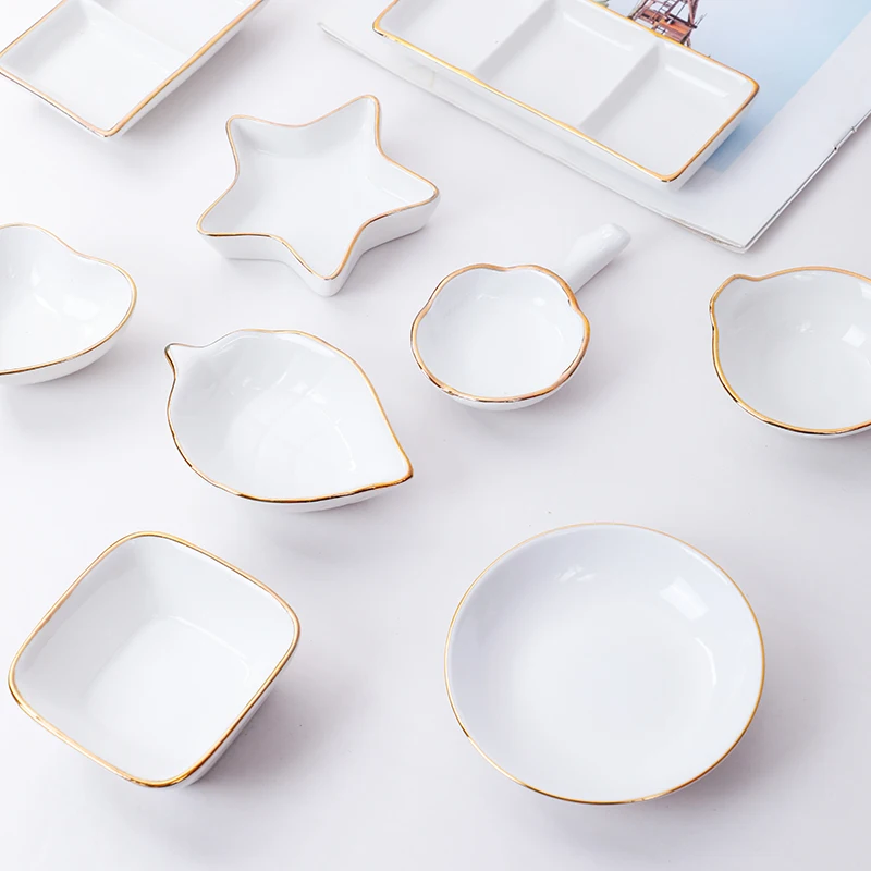 Gold-Rimmed Ceramic Small Dish Home Soy Vinegar Saucer Hot Pot Dip Seasoning Bowl Pickle Small Plate Sushi Sauce Platter