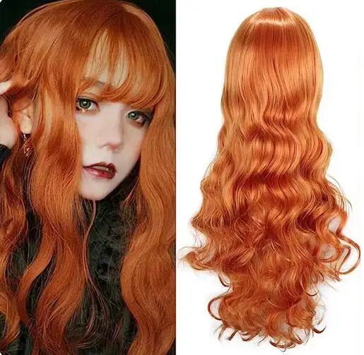 Long Curly Cosplay Wig For Women Party Long Wavy Black Orange Princess Ariel Wig Role Play Costume