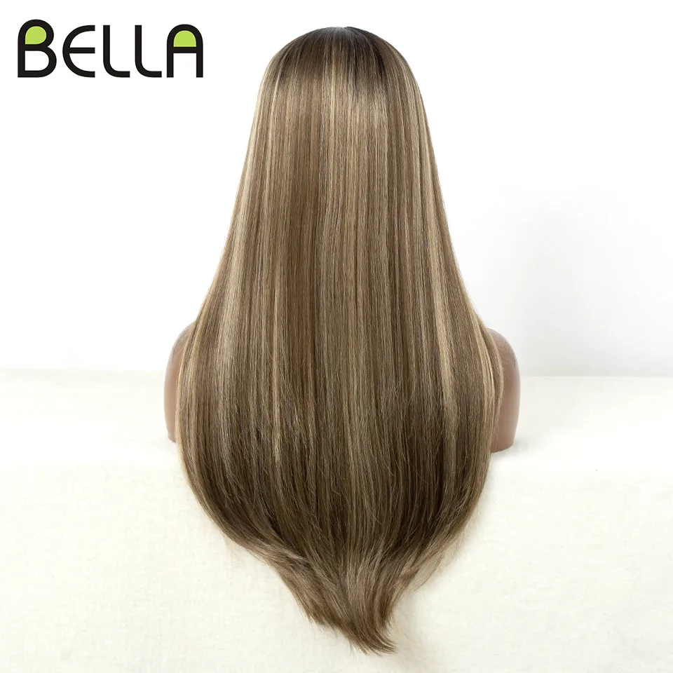 Bella Highlight Blonde Wig Synthetic Lace Front Wigs Ombre Brown 24 inches Straight Hair Lace Wig for Women Glueless Cosplay Wig