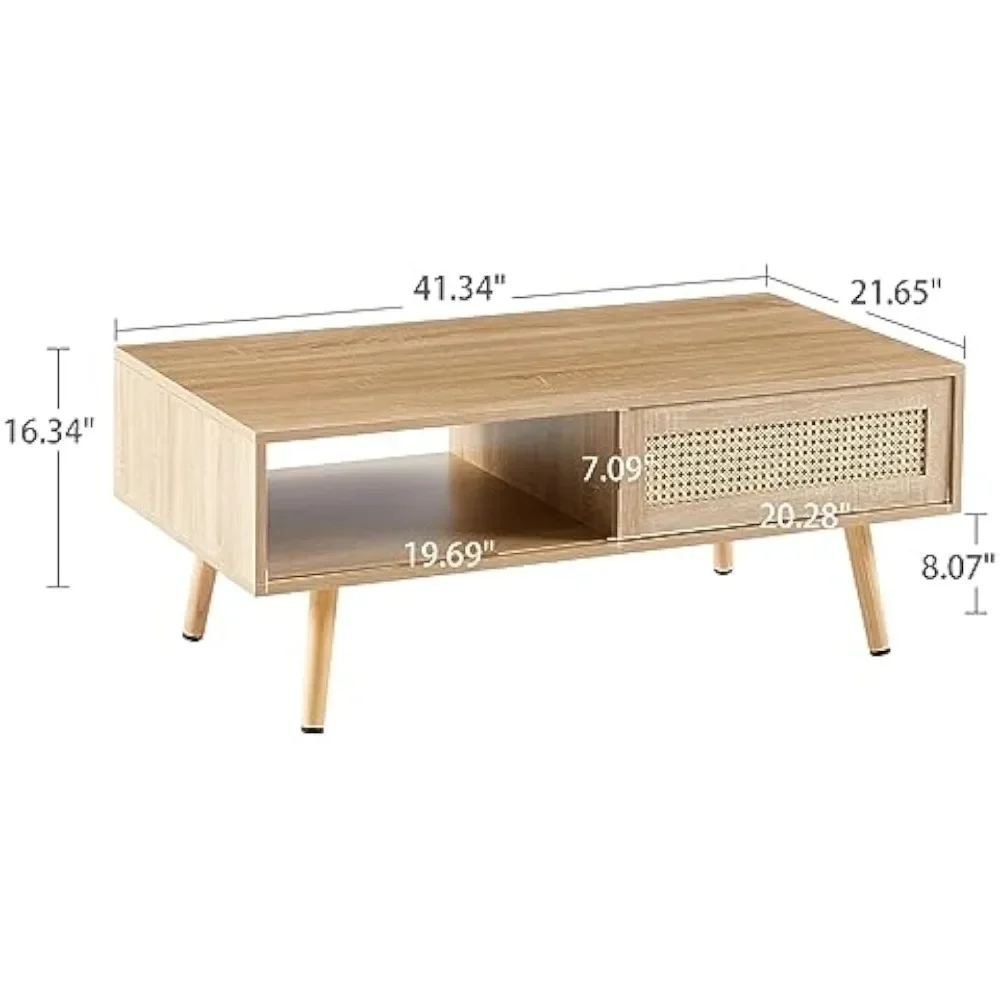 Modern Rattan Coffee Table with Sliding Door Storage, 41.3 Inch Small Wood Coffee Table with Solid Wood Legs, Boho Coffee Tables