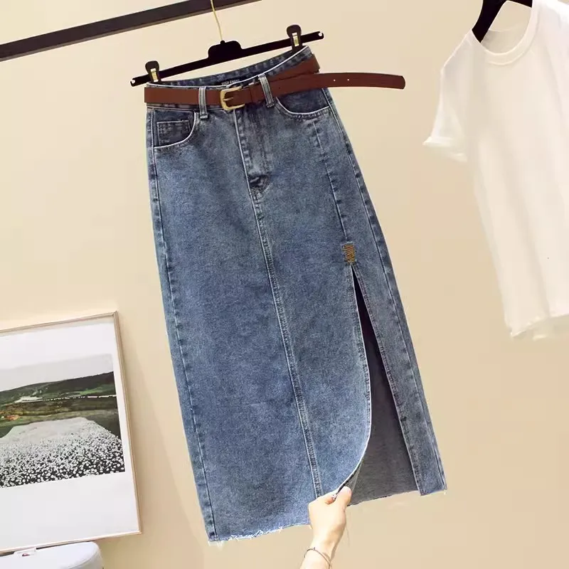 High waisted Denim Skirt Women Casual wear Spring/summer 2024 New Slim Split Buttocks wrapped A-line Skirts Female