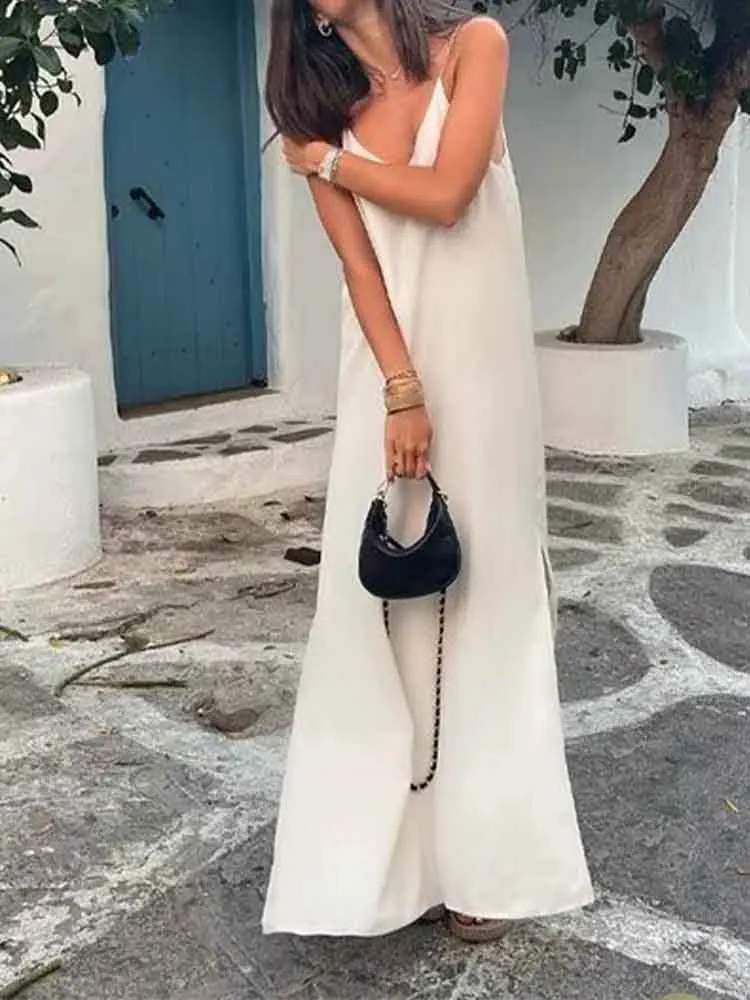 

European style new women's clothing fashionable and versatile temperament simple solid color slim fit suspender dress