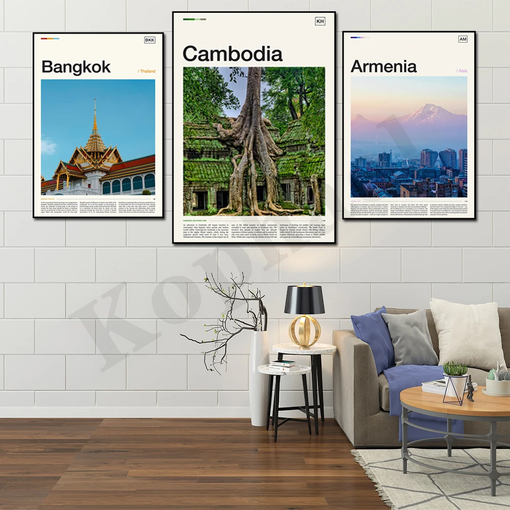 الفلبين كيوتو الهند تايبيه كمبوديا بانكوك بكين أرمينيا. مشهد السفر في المدينة. ديكور جدران المنزل ملصق فني